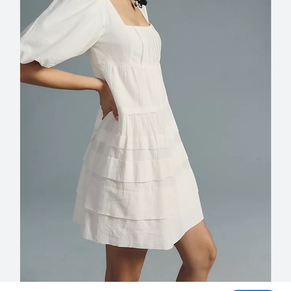 Anthropologie White Square-Neck Tiered Puff-Sleeve Mini Dress - Picture 2 of 3